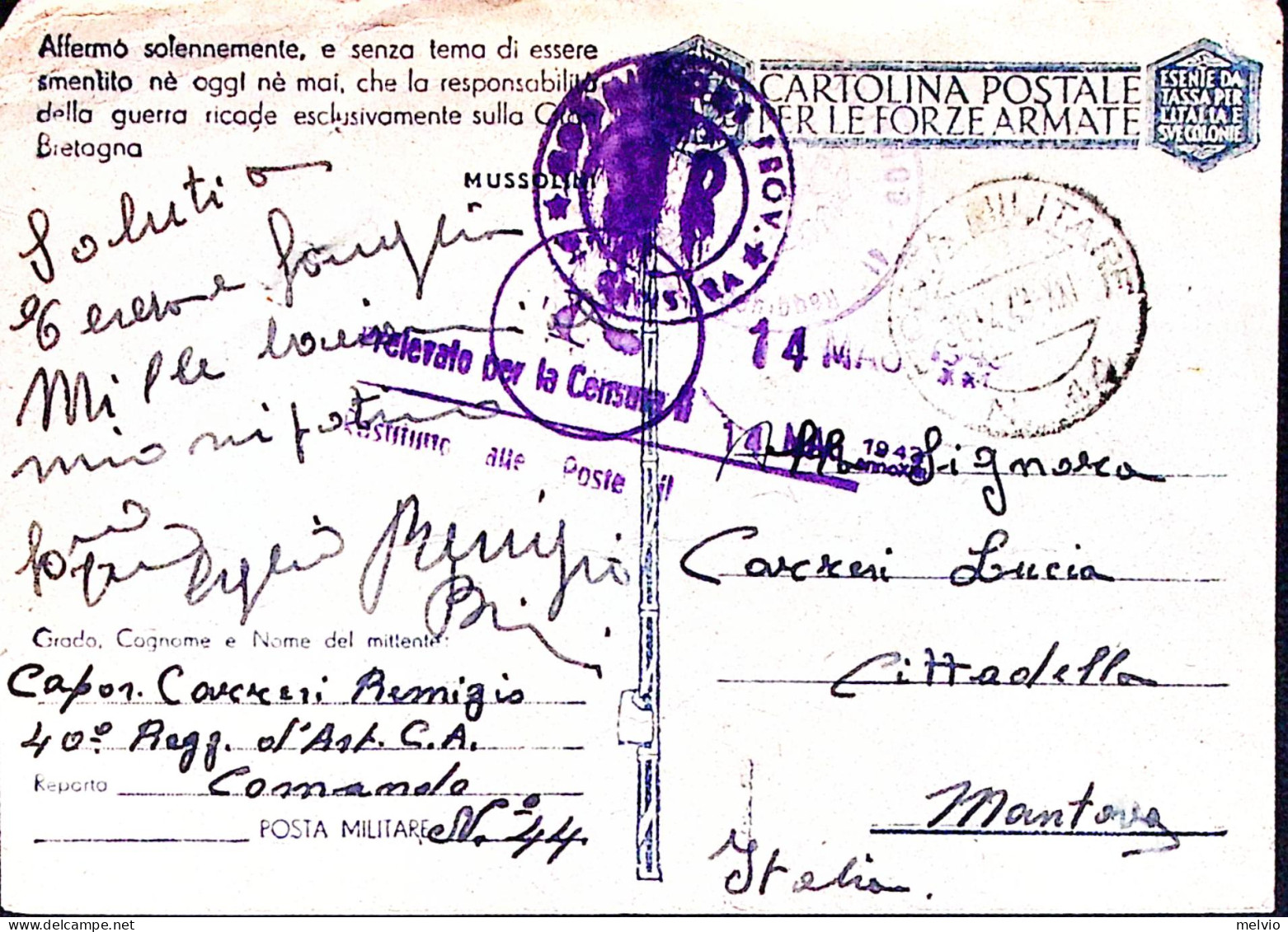 1943-Posta Militare/N 44 C.2 (30.4) Su Cartolina Franchigia Piega Centrale Fori  - Poststempel