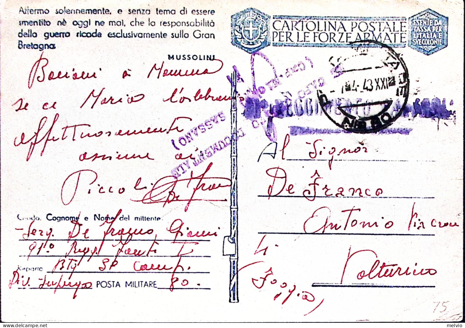 1943-Posta Militare/Nro 80 C.2 (7.4) Su Cartolina Franchigia Fori Spillo - Poststempel