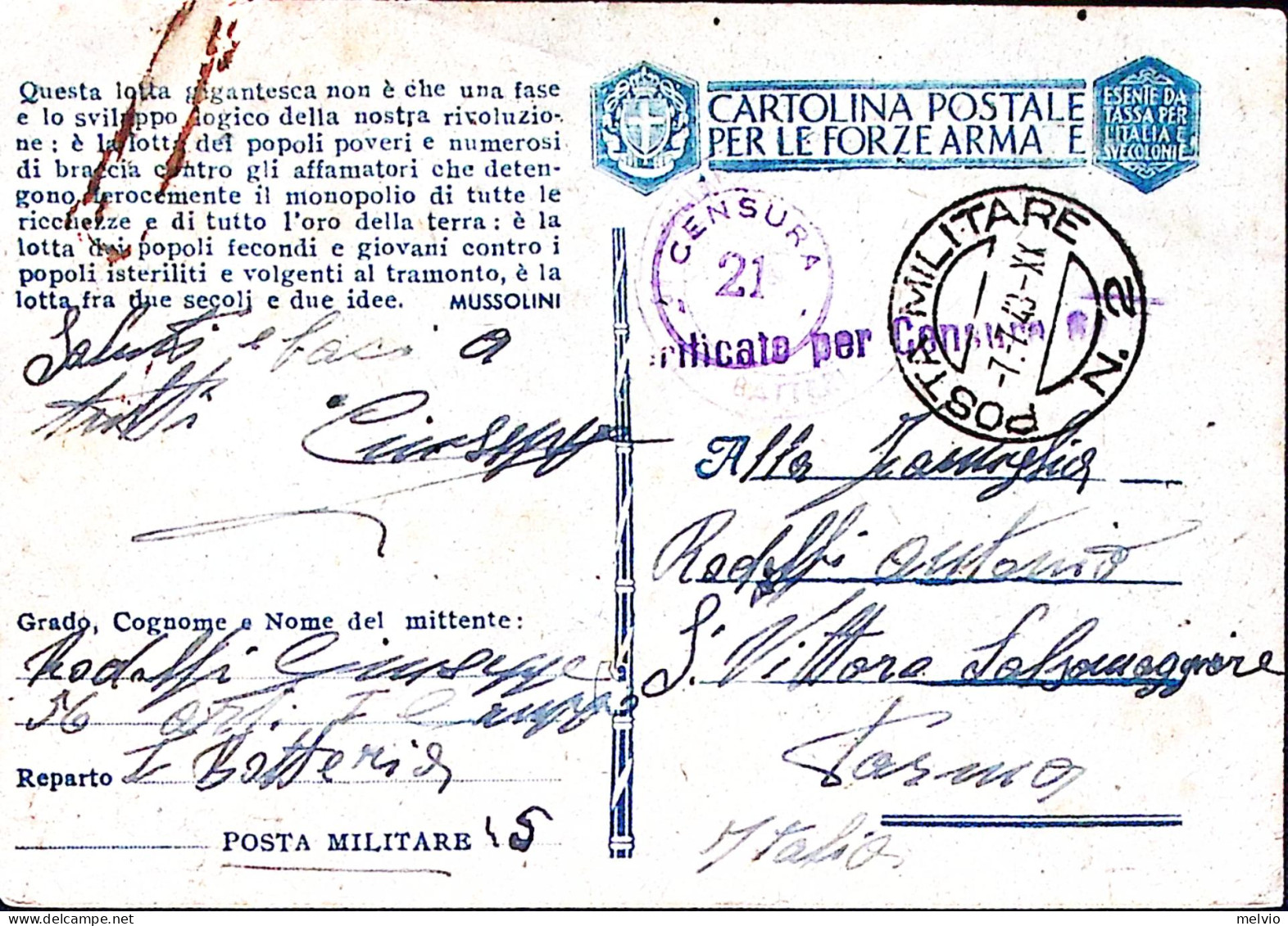 1943-Posta Militare/N 2 C.2 (7.7) Su Cartolina Franchigia Segno Fermaglio - Poststempel