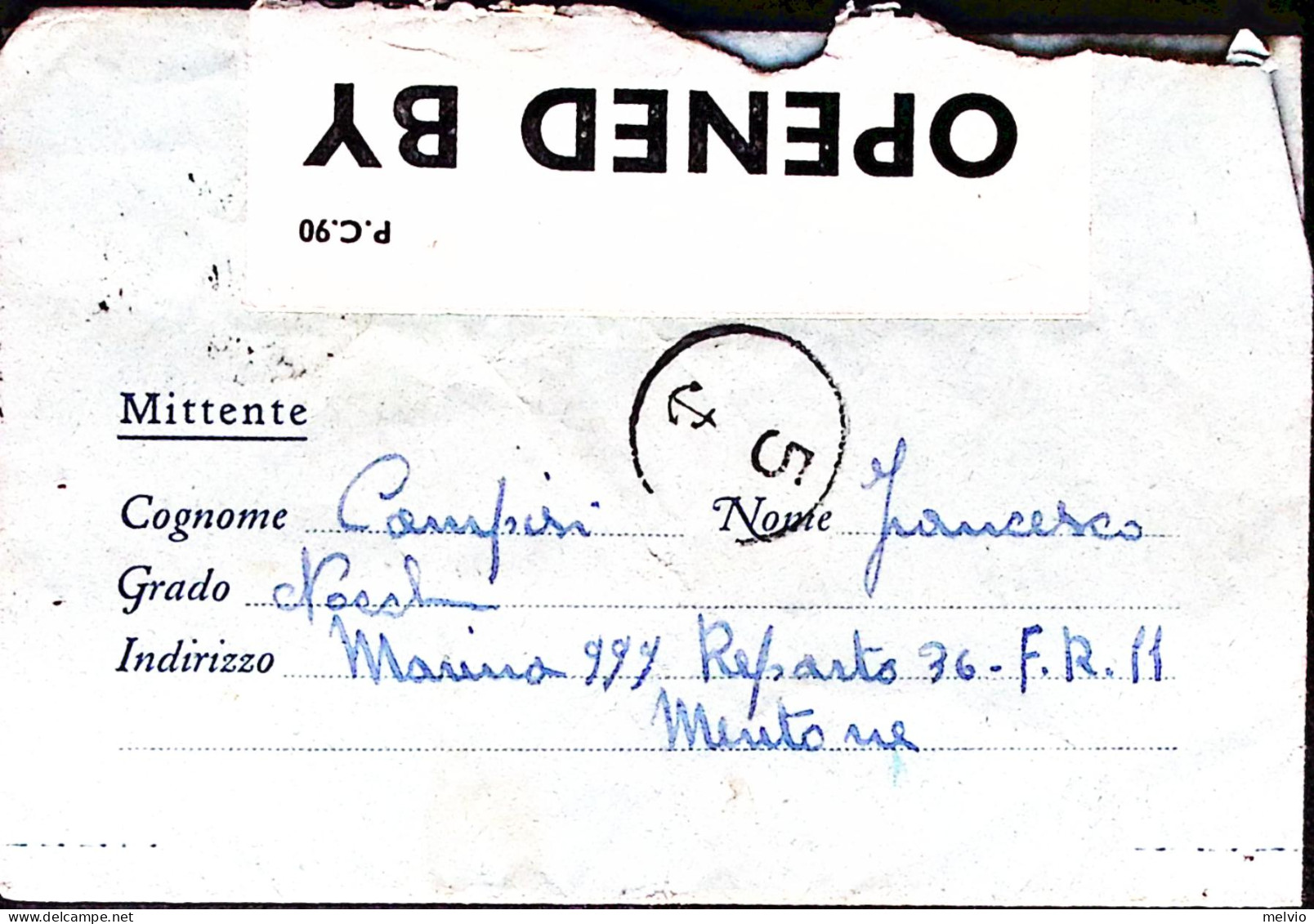 1943-Marina 999 Reparto 36 F.R. 11 Mentone Al Verso Di Biglietto Franchigia Data - Marcophilia