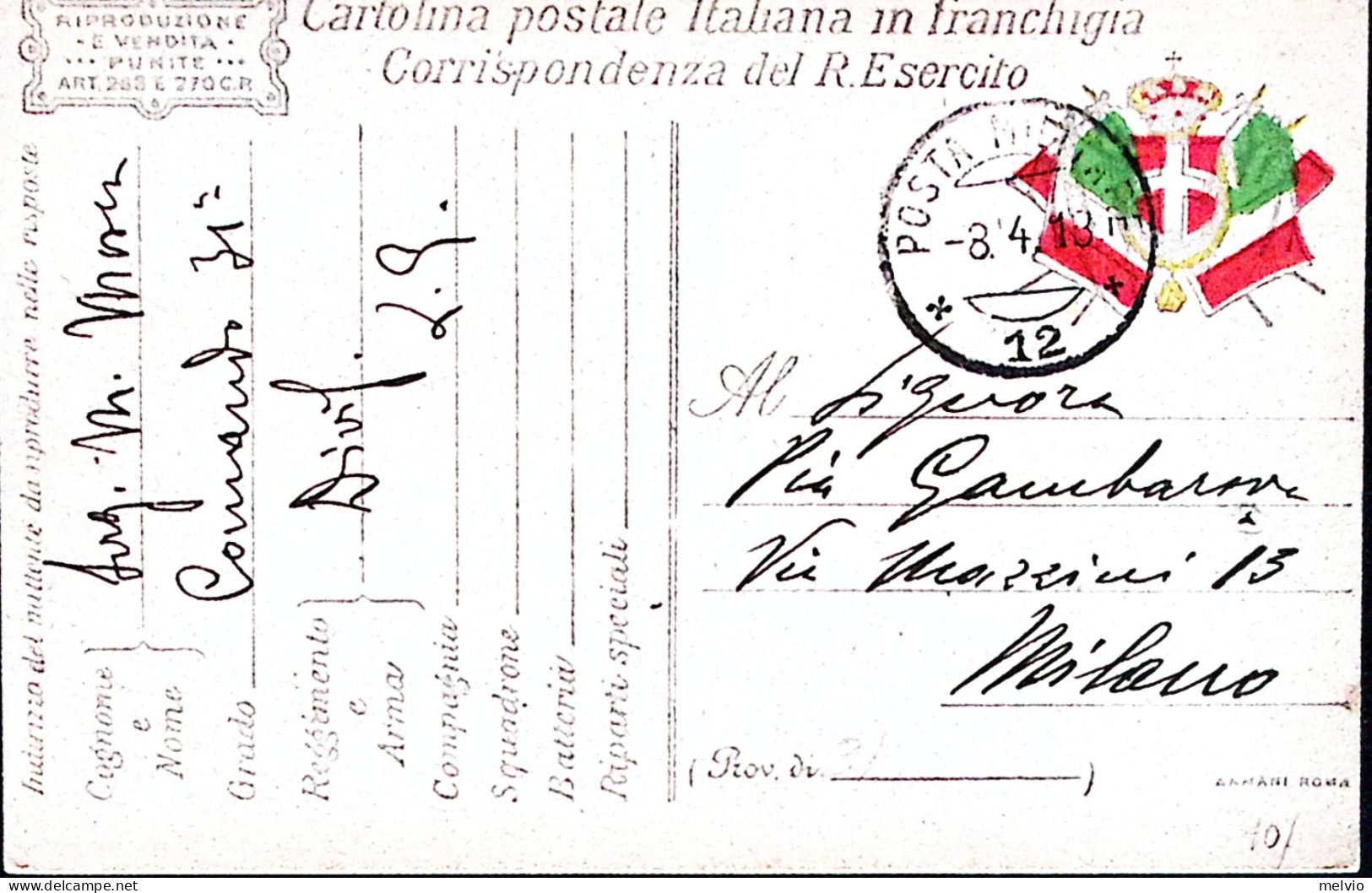 1918-Posta Militare/12 C.2 (8.4) Su Cartolina Franchigia - Marcophilia