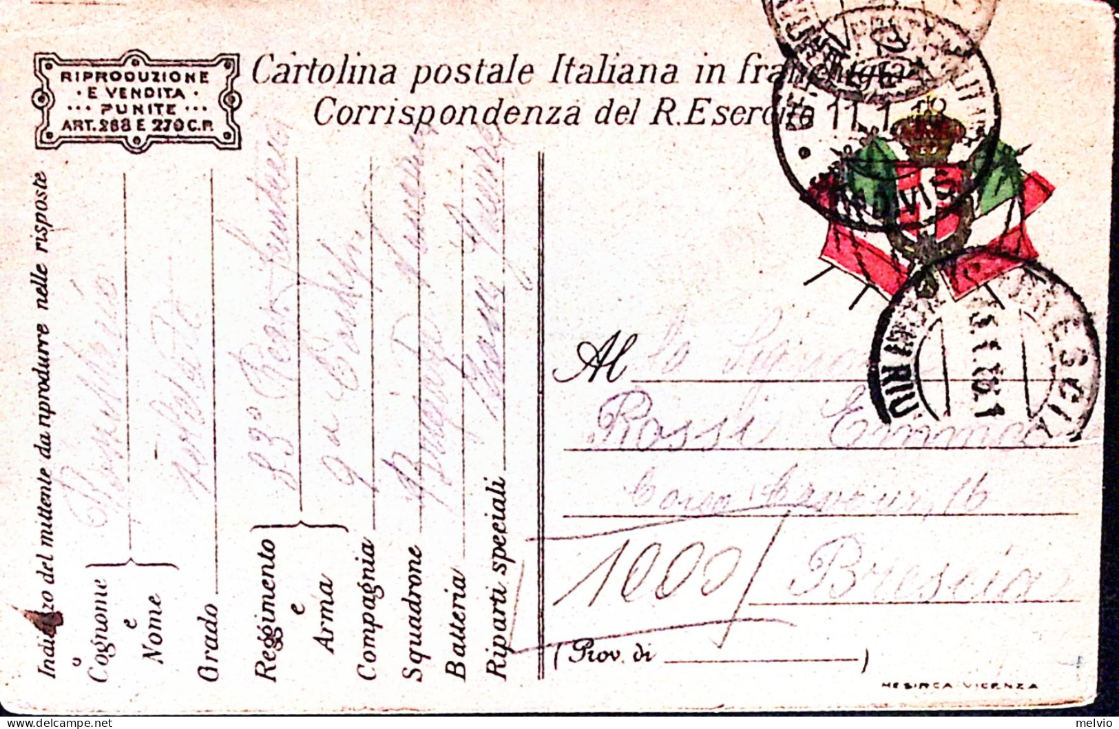 1918-Posta Militare/34^ DIVISIONE C.2 (11.1) Su Cartolina Franchigia - Marcophilia