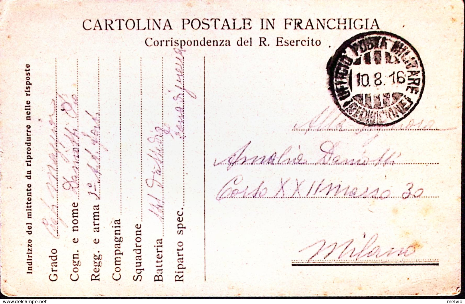 1916-UFFICIO Posta Militare/(2^ DIVISIONE) C.2 (10.8) Su Cartolina Franchigia No - Marcophilia
