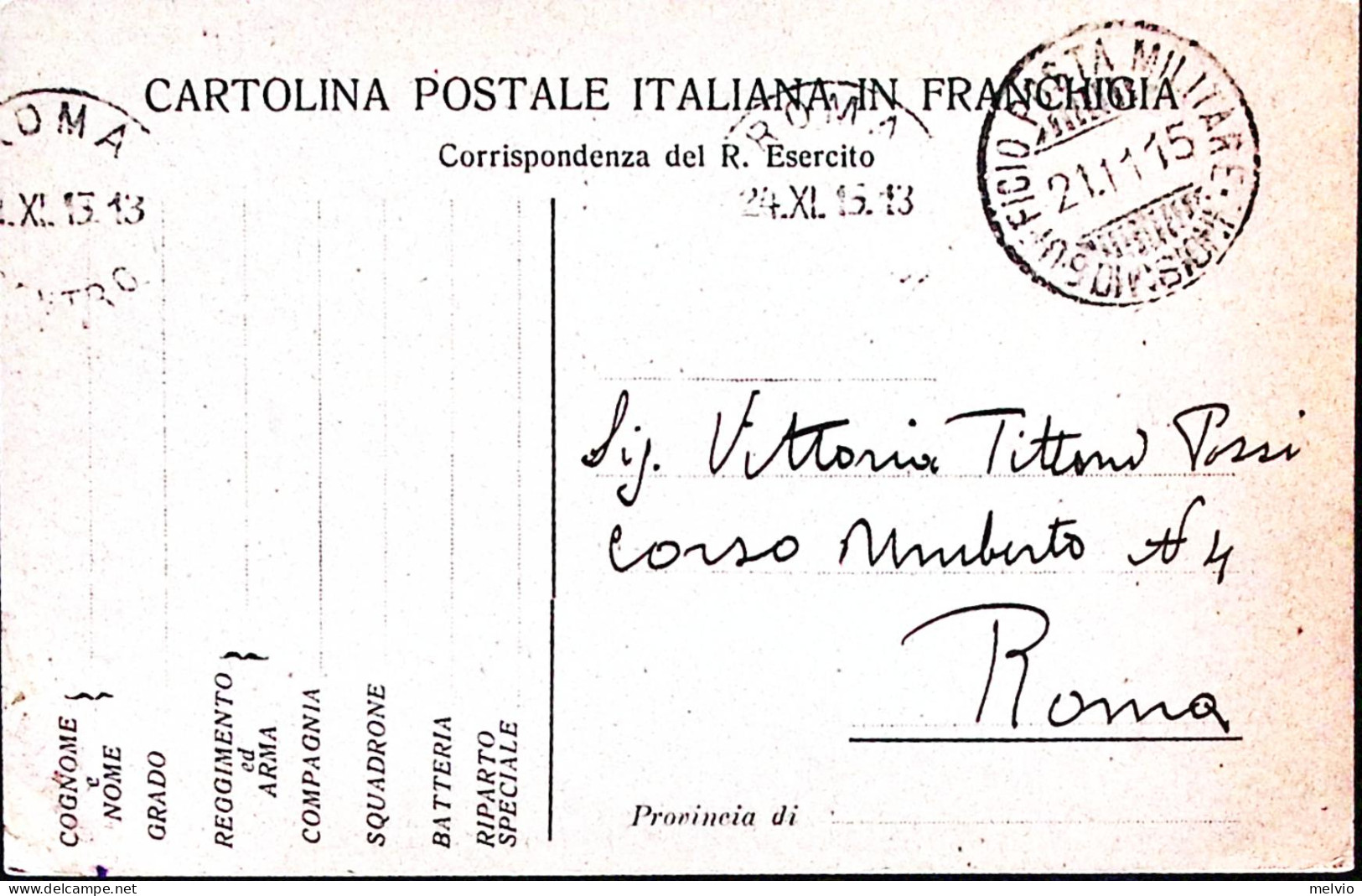 1915-UFFICIO Posta Militare/9^ DIVISIONE C.2 (21.11) Su Cartolina Franchigia Non - Marcophilia