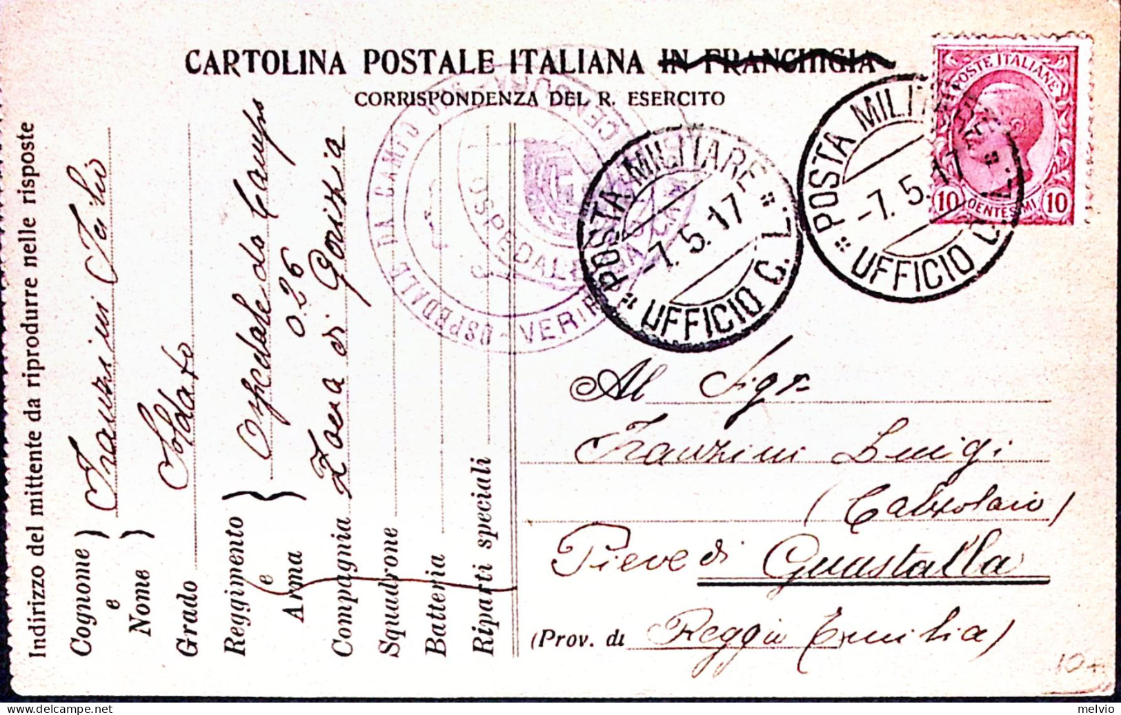1917-Posta Militare/UFFICIO C.L. C.2 (7.5) Su Cartolina Franchigia Non Ufficiale - Marcophilia