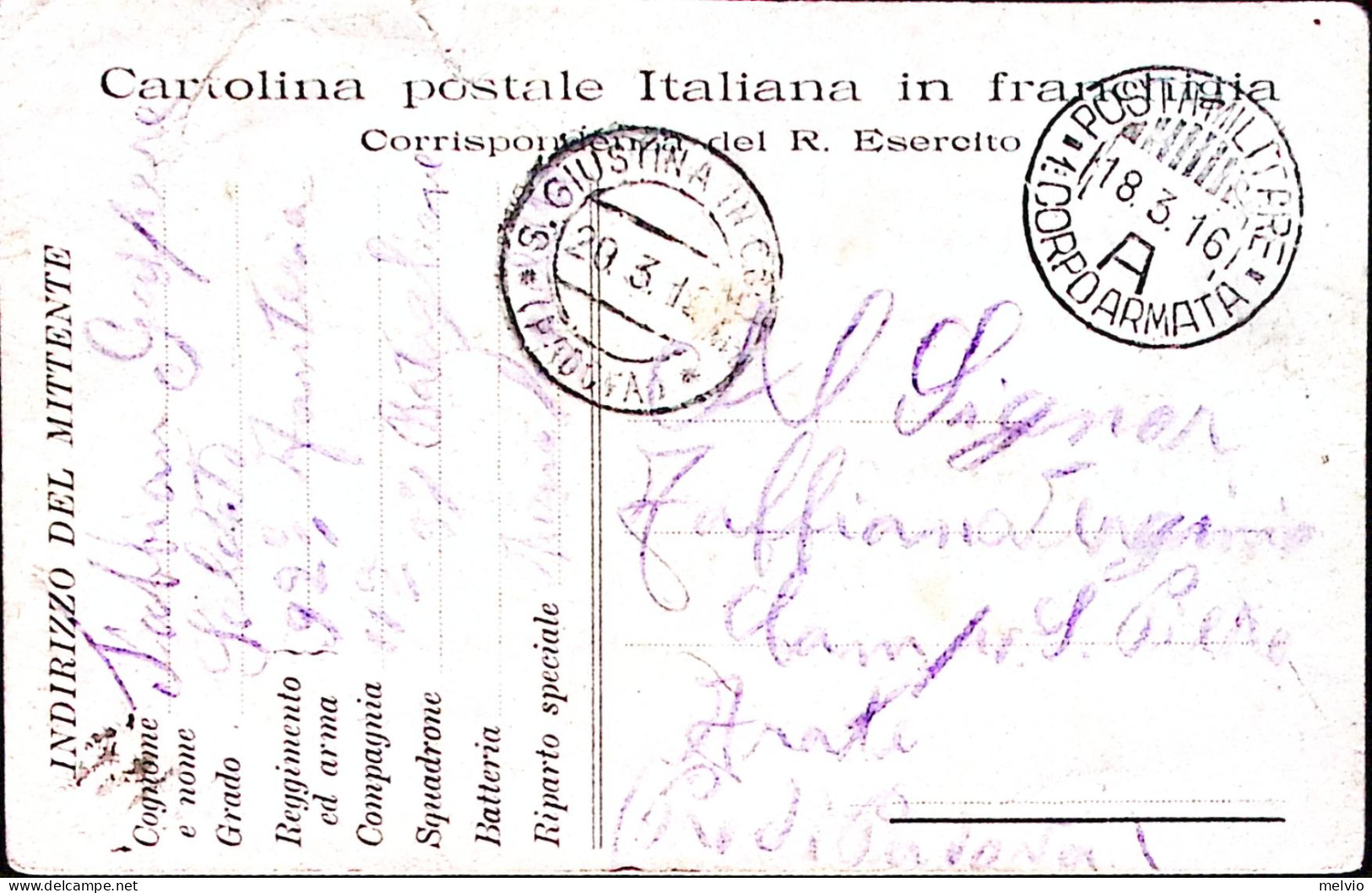 1916-Posta Militare/A /1^ CORPO D'ARMATA C.2 (18.3) Su Cartolina Franchigia Non  - Marcophilia