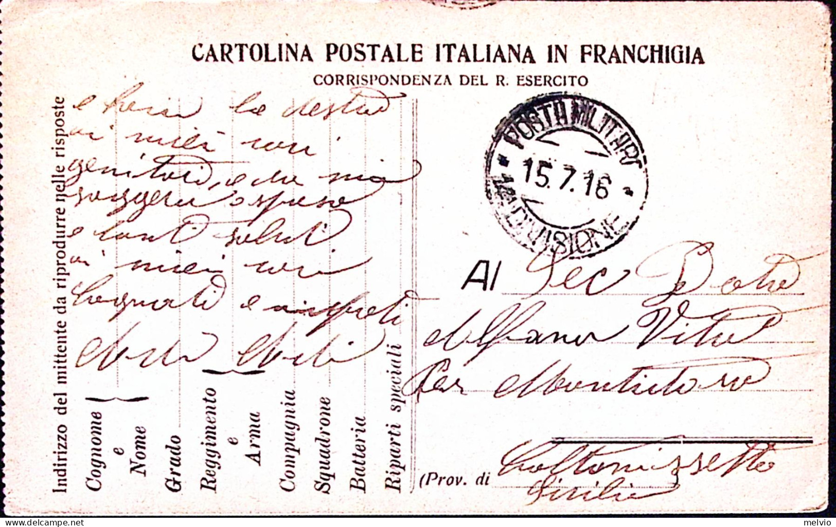 1916-Posta Militare/14^ DIVISIONE C.2 (15.7) Su Cartolina Franchigia Non Ufficia - Marcophilia