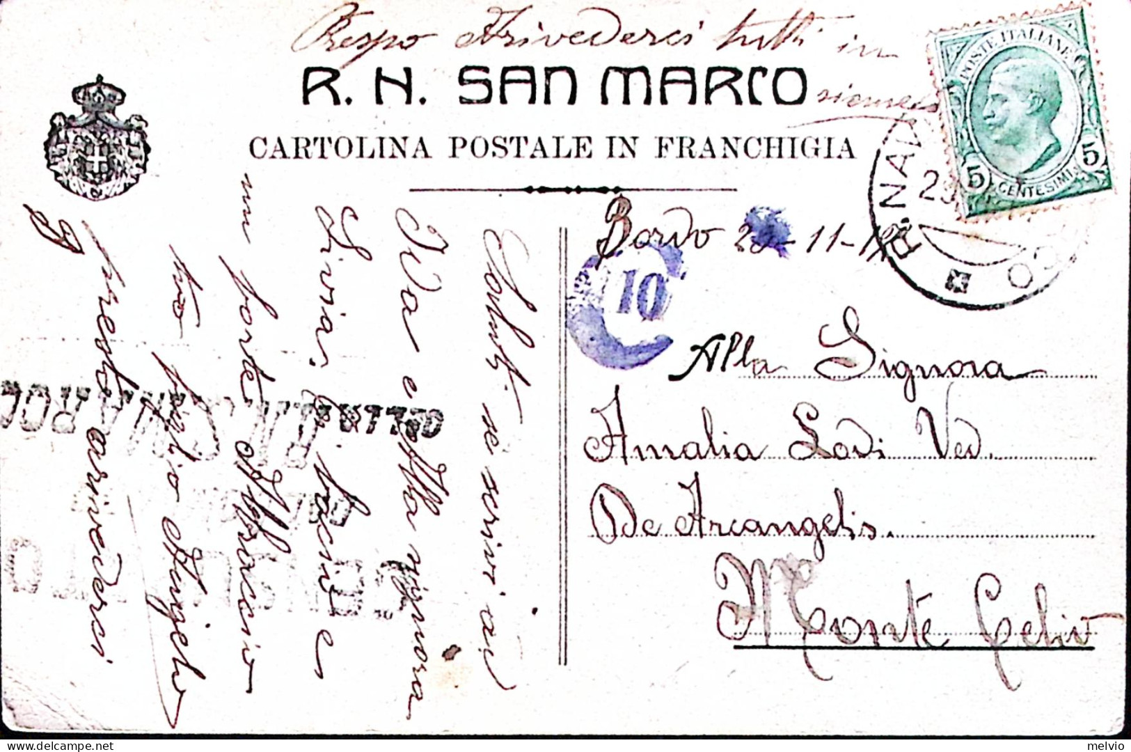 1916-R N SAN MARCO Cartolina Franchigia Non Ufficiale Viaggiata C.2 (28.11) Affr - Marcophilia