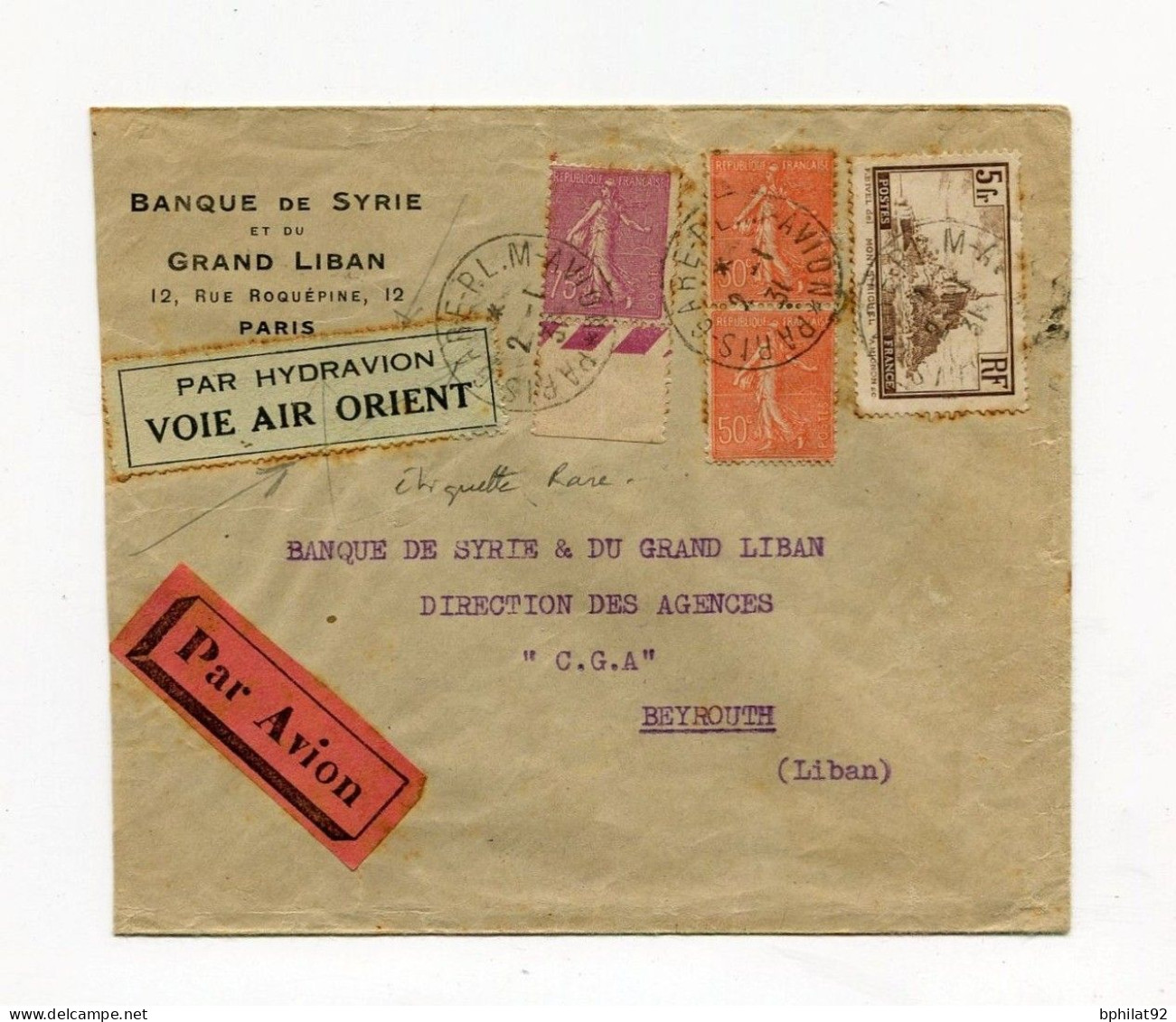 !!! LETTRE PAR AVION DE PARIS POUR BEYROUTH DU 2/1/1931 AVEC ETIQUETTE RARE " PAR HYDRAVION VOIE AIR ORIENT" - 1927-1959 Cartas & Documentos