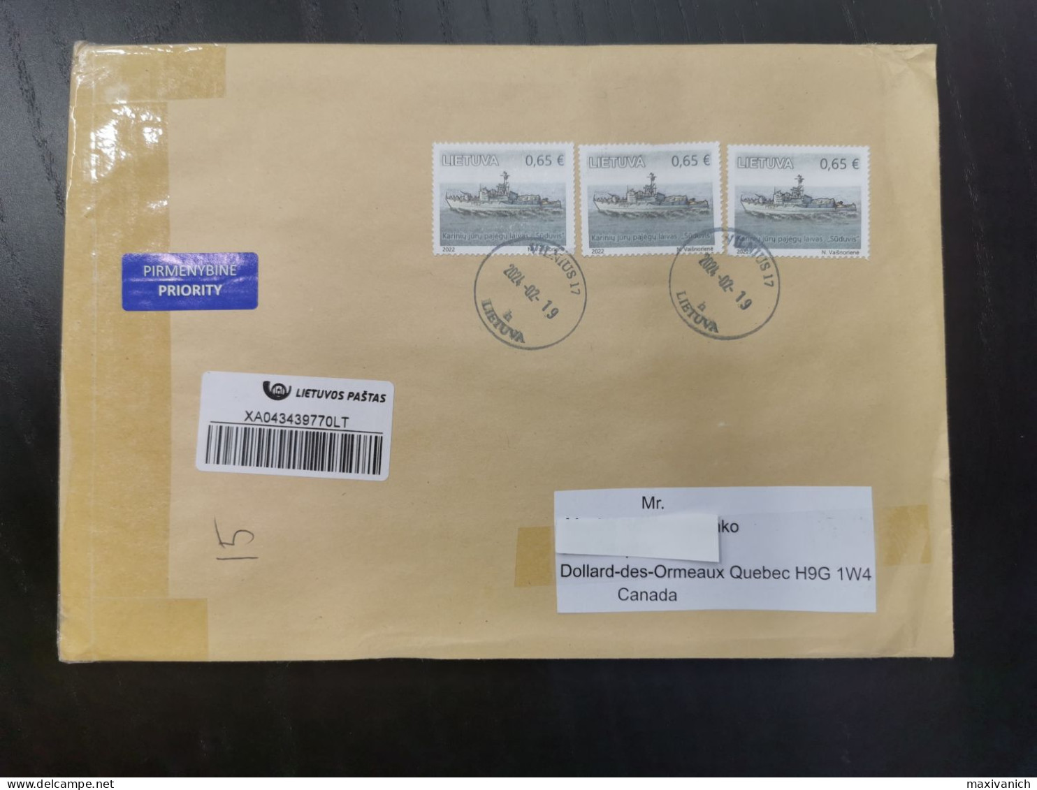 Lithuania 2022 Minesweeper Sūduvis Ship  Maritime History Cover To Canada - Lituanie