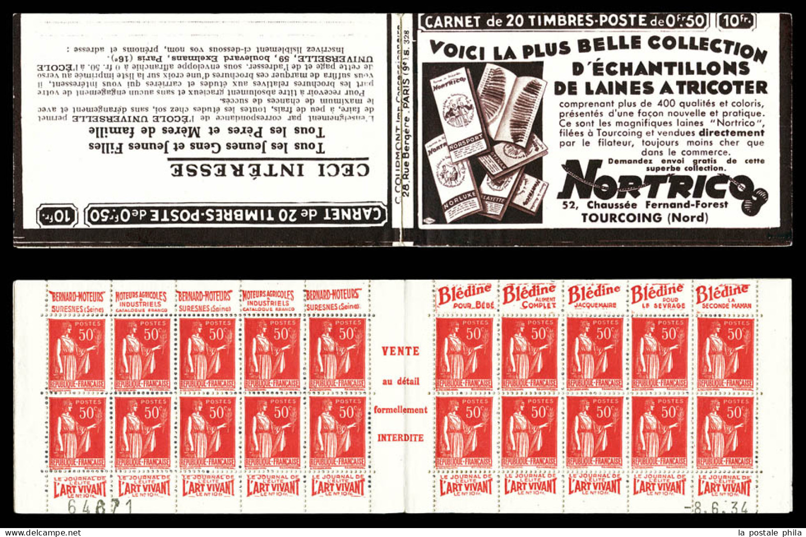 ** N°283-C26, Série 328-A Papier Blanc, NORTRICO LAINE A TRICOTER Et EU, Daté Du 8.6.34. B/TB  Qualité: ** - Alte : 1906-1965