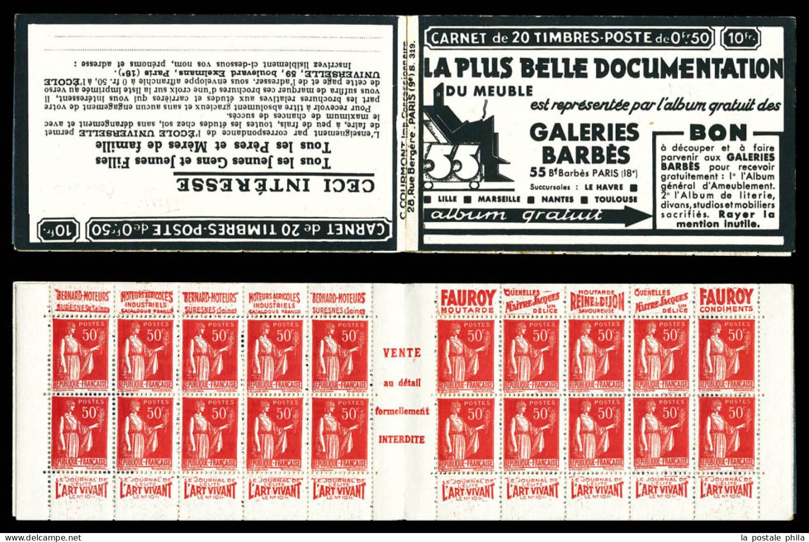 ** N°283-C29, Série 319-A Papier Blanc, Isolé Au Type I Case 19, GALERIES BARBES Le HAVRE Et EU. SUP. R. (certificat)  Q - Anciens : 1906-1965