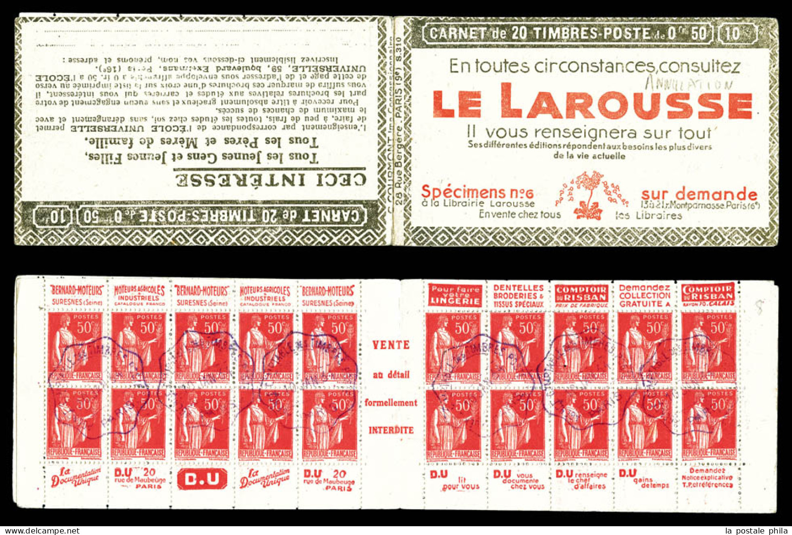 (*) N°283-C30ac, Série 310, ANNULATION DE L'AGENCE COMPTABLE Cachet Ondulé Violet Du 10 Janvier 1934, . B/TB. R.R.  Qual - Vecchi : 1906-1965