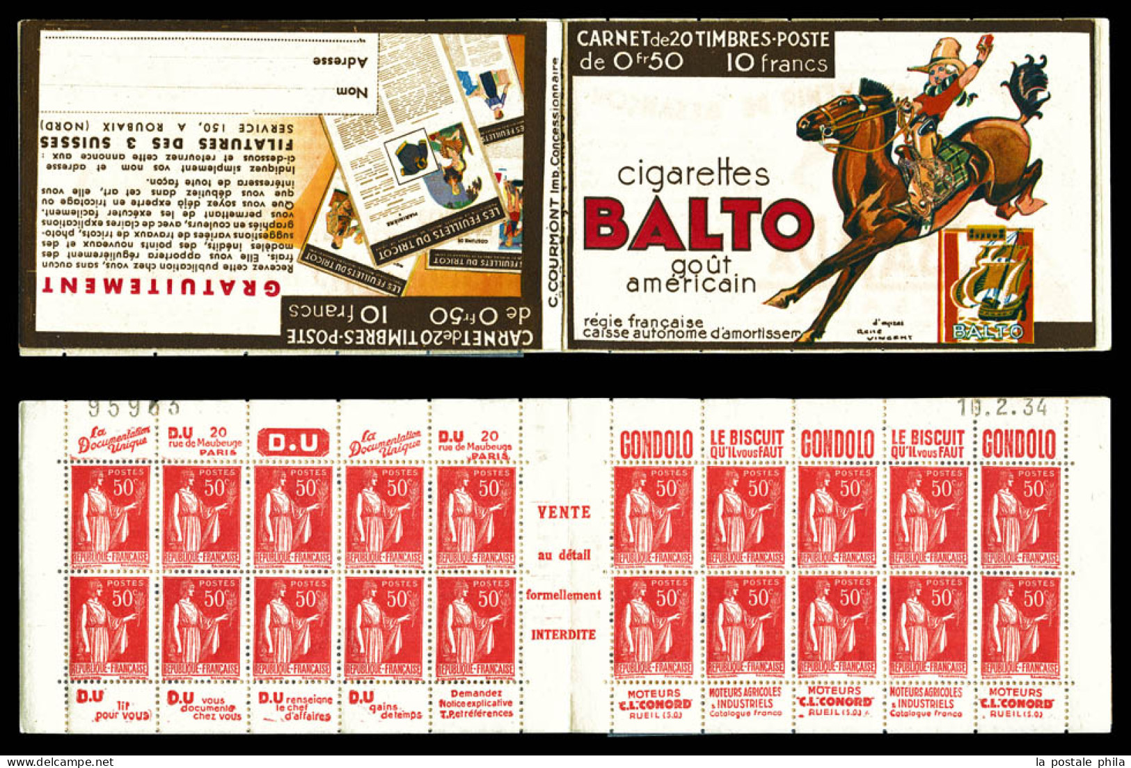 ** N°283-C32, Série 315-B, CIGARETTES BALTO Et 3 SUISSES, Daté Du 10.2.34. SUP. R.R.  Qualité: ** - Vecchi : 1906-1965