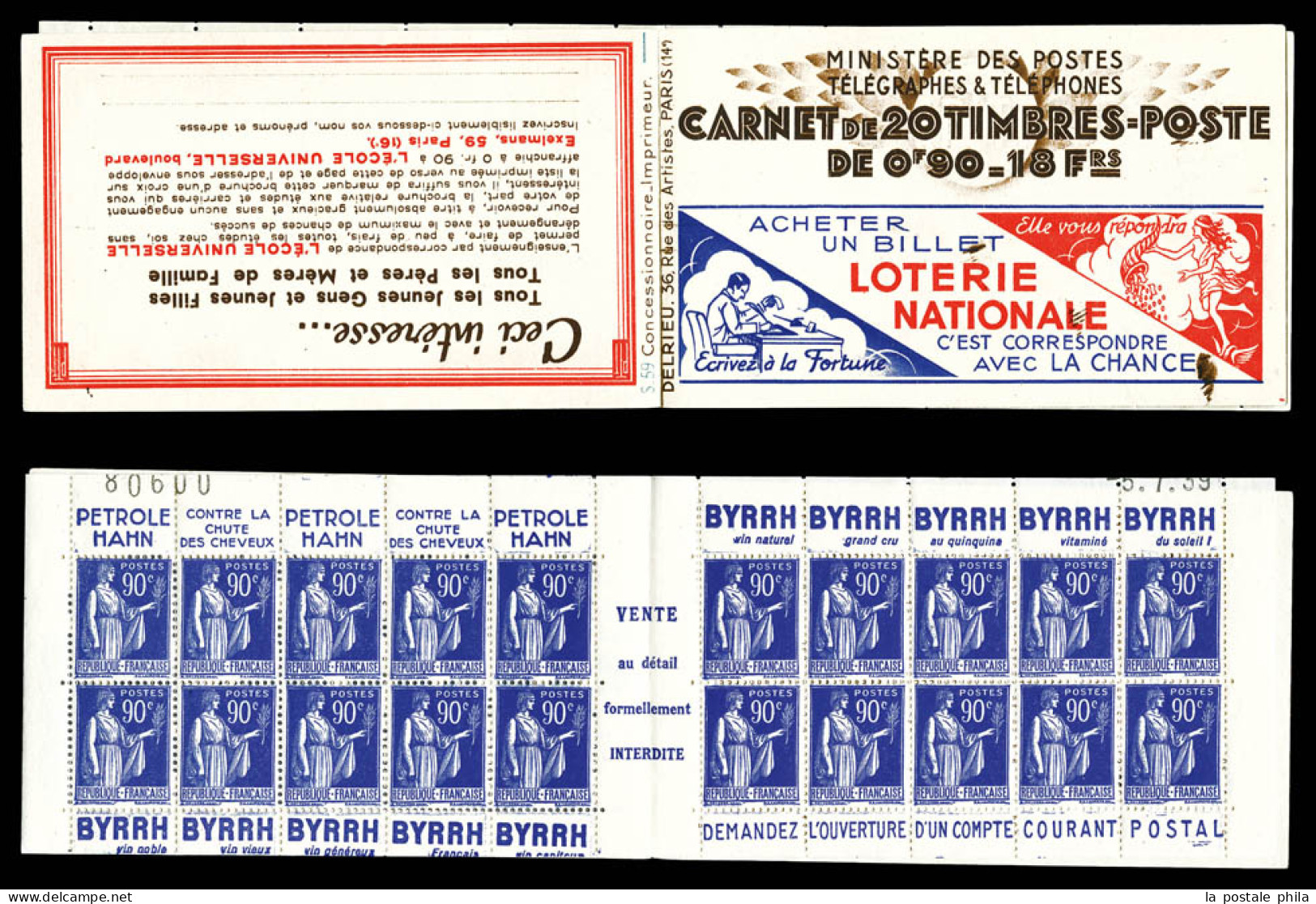 ** N°368-C2, Série 59-A, LOTERIE NATIONALE Et EU, Daté Du 5.7.39. TB  Qualité: ** - Vecchi : 1906-1965