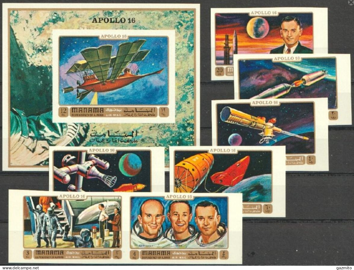 Manama 1972, Space, Apollo 16, 7val +Block IMPERFORATED - Azië