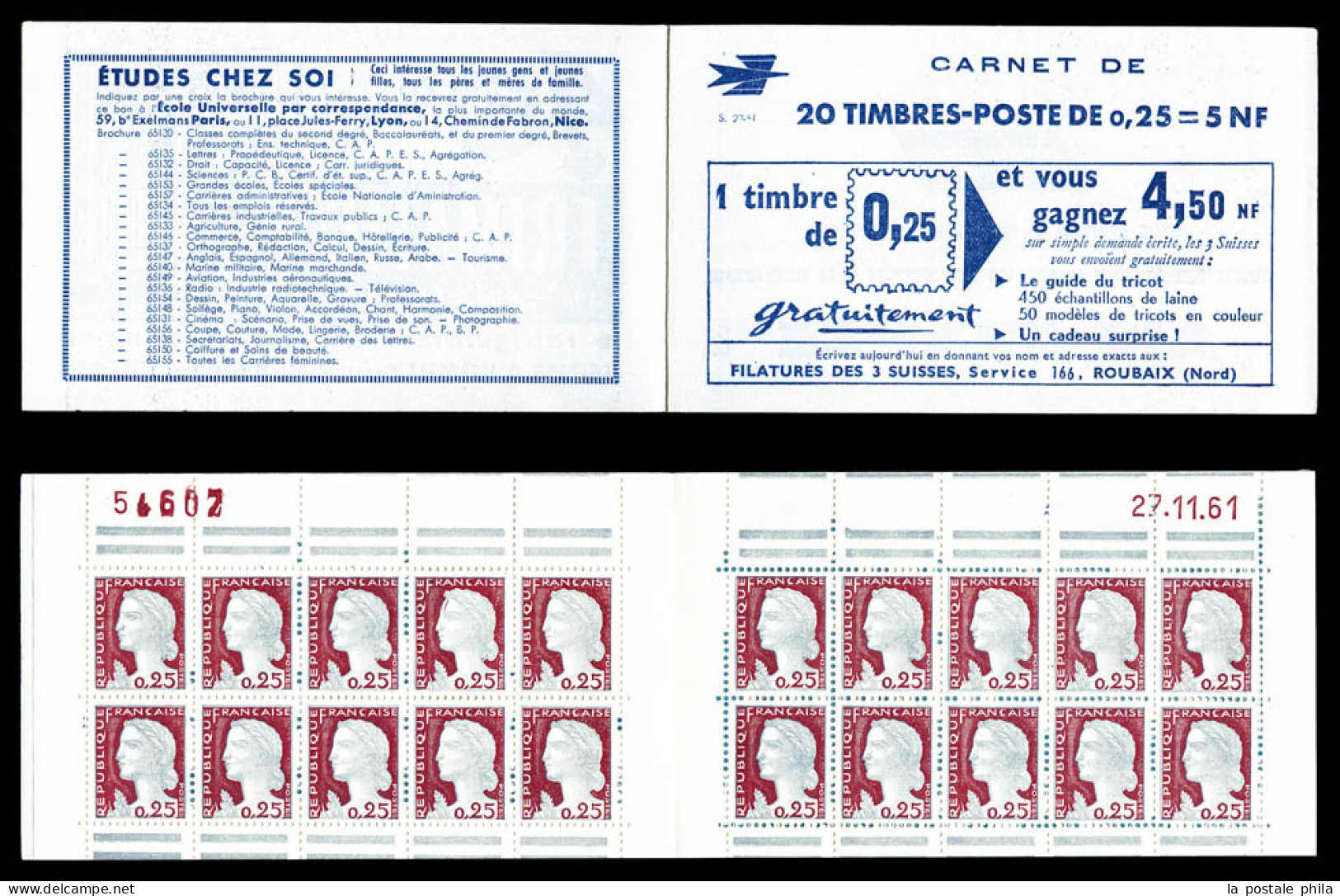 ** N°1263-C3, Série 22-61, 3 SUISSES Et EU, Variété Piquage à Cheval, Timbres Avec 3 Barres Au Lieu De 2, Daté Du 27.11. - Anciens : 1906-1965