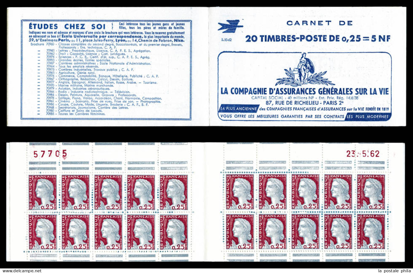 ** N°1263-C3, Série 10-62, Cie Grles Sur La Vie Et EU, Variété Piquage à Cheval, Timbres Avec 3 Barres Au Lieu De 2, Dat - Antiguos: 1906-1965