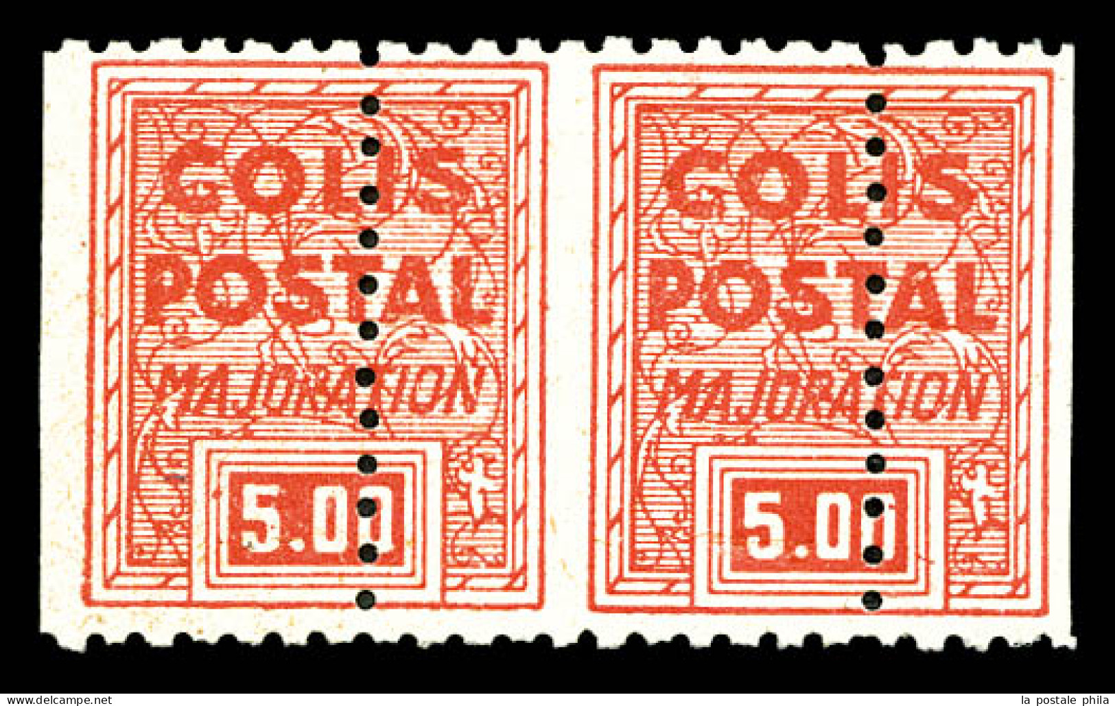 ** N°186R, Non émis, Majoration 5F Rouge: Piquage à Cheval Vertical En Paire. SUP (certificat)  Qualité: **  Cote: 1300  - Mint/Hinged