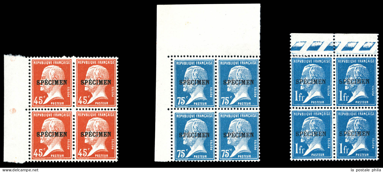 ** N°175-CI 1/79-CI 1, Pasteur 45c Rouge, 75c Bleu Et 1f Bleu En Blocs De Quatre Surchargés SPECIMEN. TTB  Qualité: **   - Lehrkurse