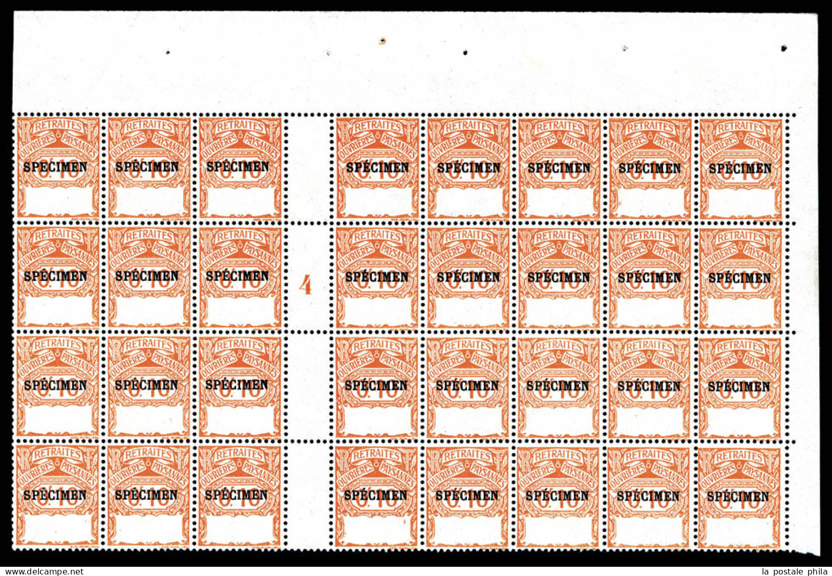** TIMBRES SOCIO-POSTAUX, Emission De 1911: Retraite Ouvrière Paysane: 0.10f Orange Type Cadre Vide, Panneau De 32 Exemp - Cursussen