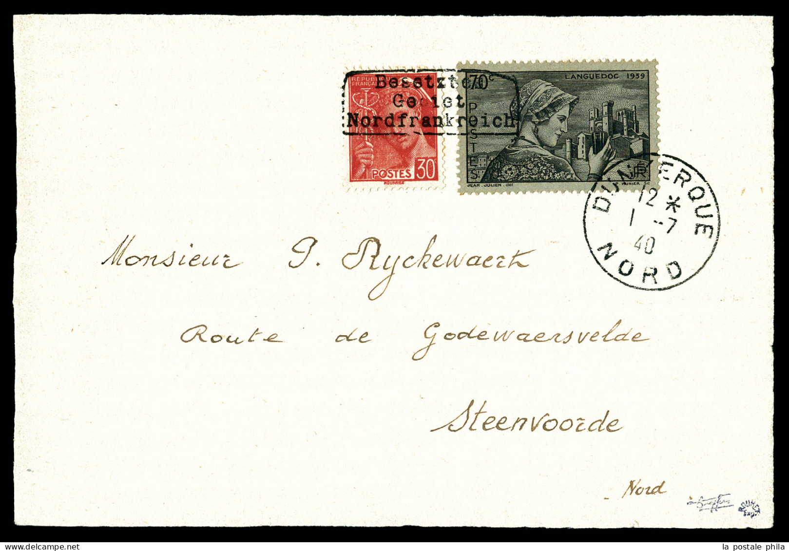 O N°412 + 448 (30c +70c=1f) Surchargé Dunkerque Sur Devant De Lettre Obl Càd Dunkerque Nord Le 1 Juil 1940. TTB (signé/c - War Stamps