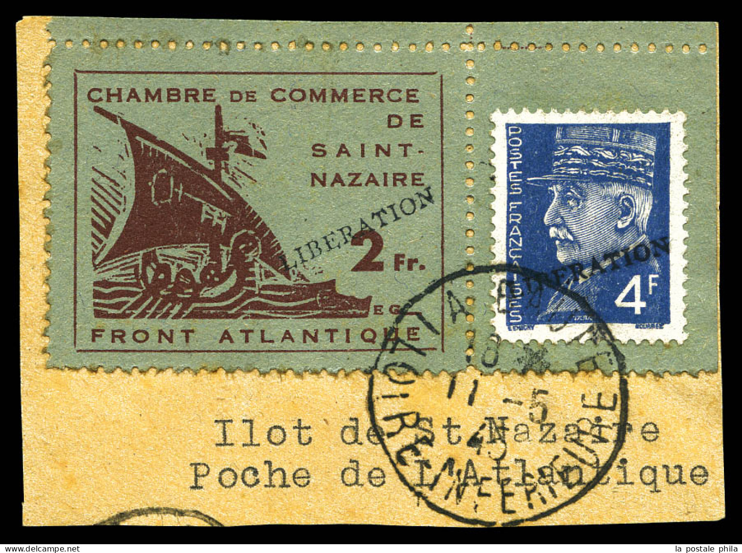 O N°9b, St Nazaire: 2f Brun-lilas Sur Vert Pâle Surchargé LIBERATION Obl Càd De St Nazaire Du 11.5.45. TB  Qualité: Obli - Guerre (timbres De)