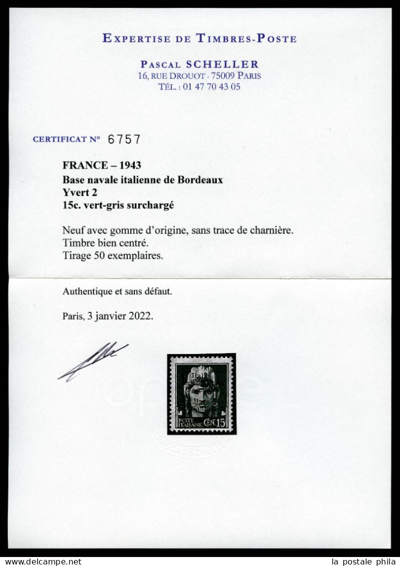 ** Occupation Italienne De Bordeaux N°2, 15c. Vert-gris, Tirage 50 Exemplaires, Excellent Centrage, Fraîcheur Postale, S - Kriegsmarken