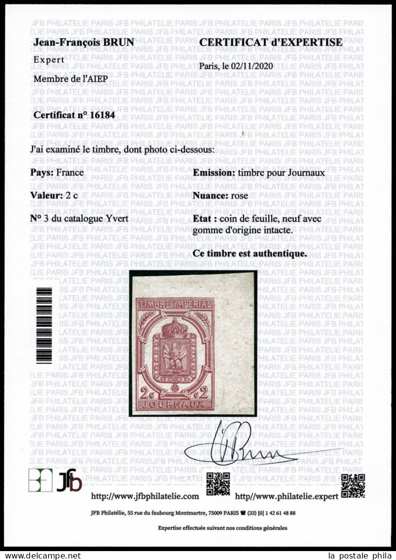 ** N°3, 2c Rose Carminé, Coin De Feuille, Fraîcheur Postale. SUP. R.R. (signé Calves/Brun/certificats)  Qualité: ** - Newspapers