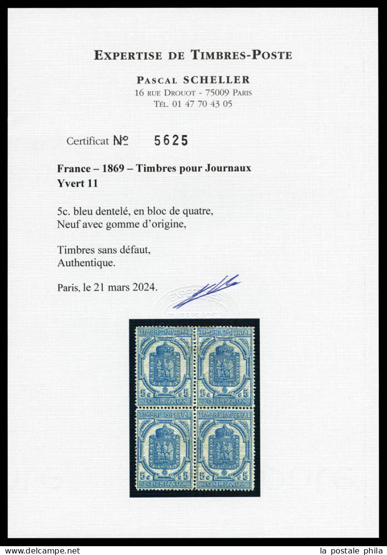 * N°11, 5c Bleu En Bloc De Quatre, Fraîcheur Postale. SUPERBE. R.R. (signé Calves/certificats)  Qualité: *  Cote: 12000  - Kranten