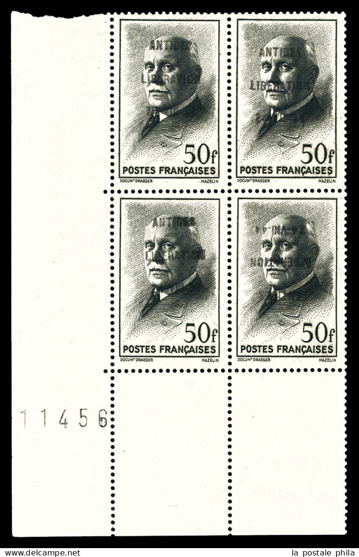 ** N°37, ANTIBES (Vaucluse): 50f Pétain, SURCHARGE RENVERSEE (position 22) Tenant à Normaux En Bloc De 4 Coin De Feuille - Liberazione
