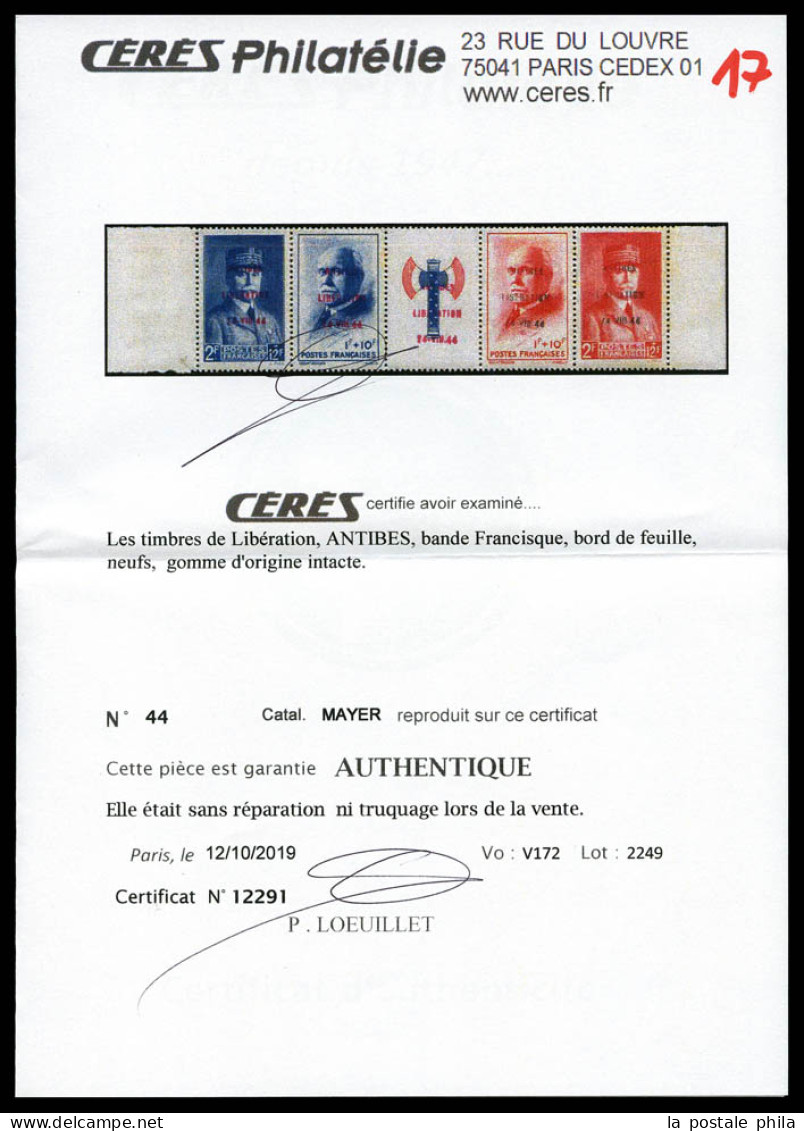 ** N°44, ANTIBES, Bande Francisque, Bord De Feuille. SUP (certificat)  Qualité: **  Cote: 1080 Euros - Libération