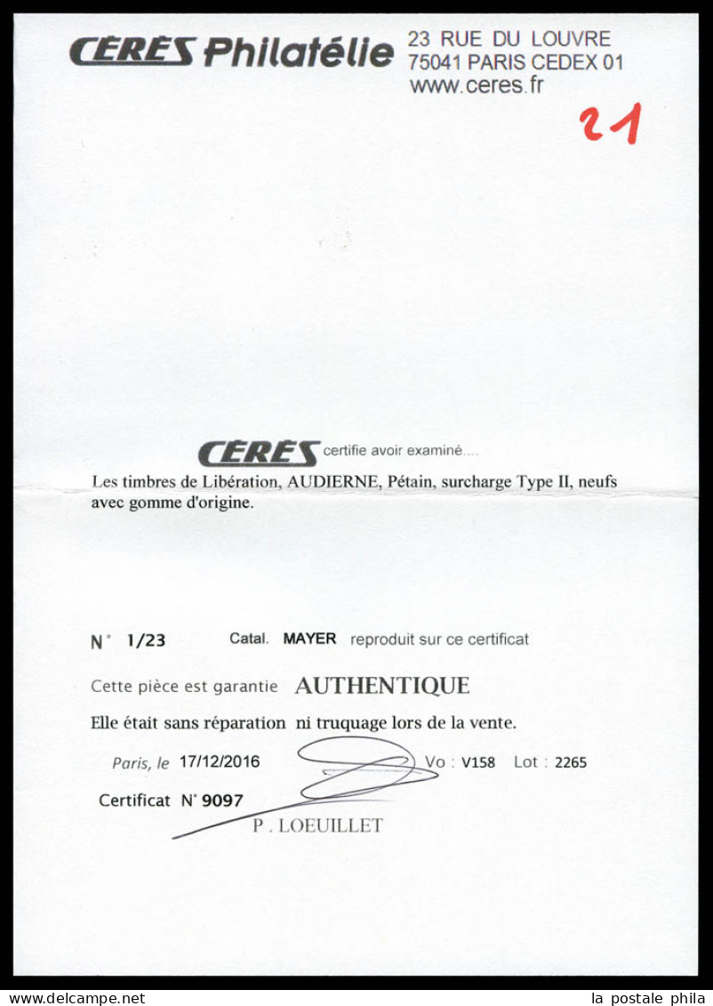 * N°1/23, AUDIERNE (Finistère): Série Compète Type II, Les 23 Valeurs SUP. R.R. (signés Mayer/certificats)  Qualité: *   - Bevrijding