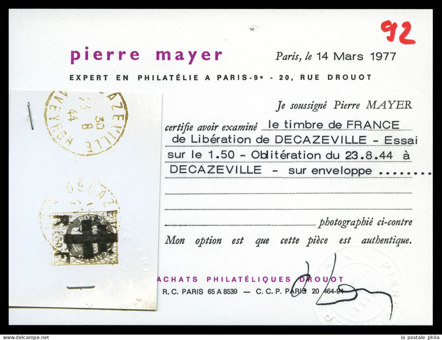 O DECAZEVILLE (Aveyron): Type Hourriez, 1 Franc 50 Brun, Cachet Provisoire, Sur Lettre Oblitération Du 23 Août 1944. SUP - Liberazione