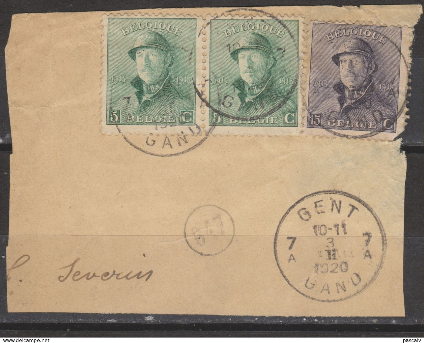 COB 167 En Paire + 169 Sur Fragment Oblitération Centrale GENT 7 - 1919-1920 Behelmter König