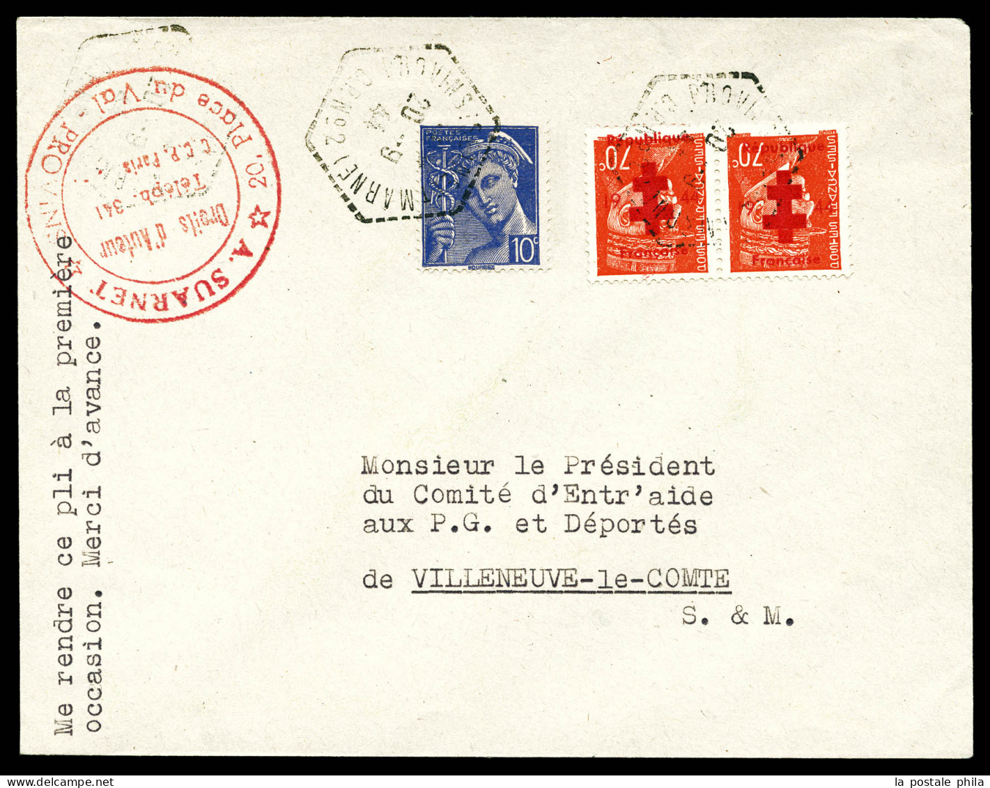 O N°22, PROVINS: 70c Orange En Paire + 546 Obl PROVINS BP N°2 Du 20 Sept 1944 Sur Lettre. SUP. R. (certificat)  Qualité: - Liberazione