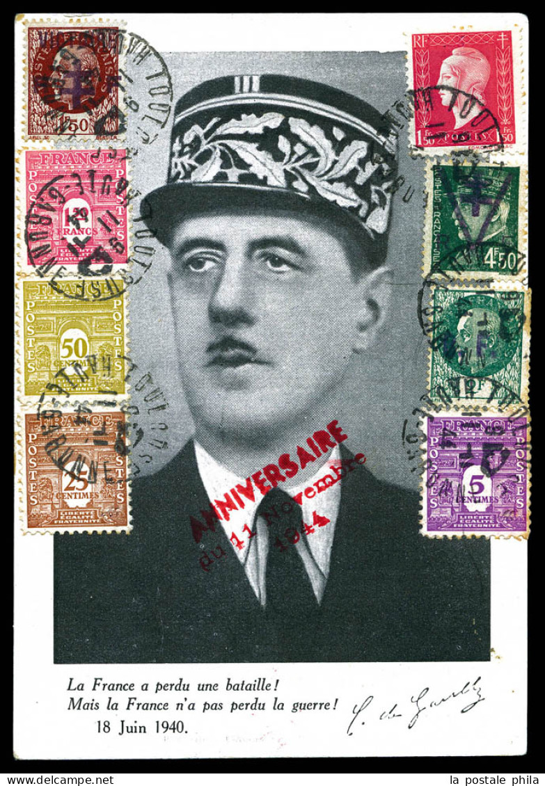 O TOULOUSE: Carte à L'effigie Du Général D Gaulle Avec 8 Timbres Dont 1f50 Brun. Victoire, RF Et Croix De Lorraine-4fr50 - Liberación