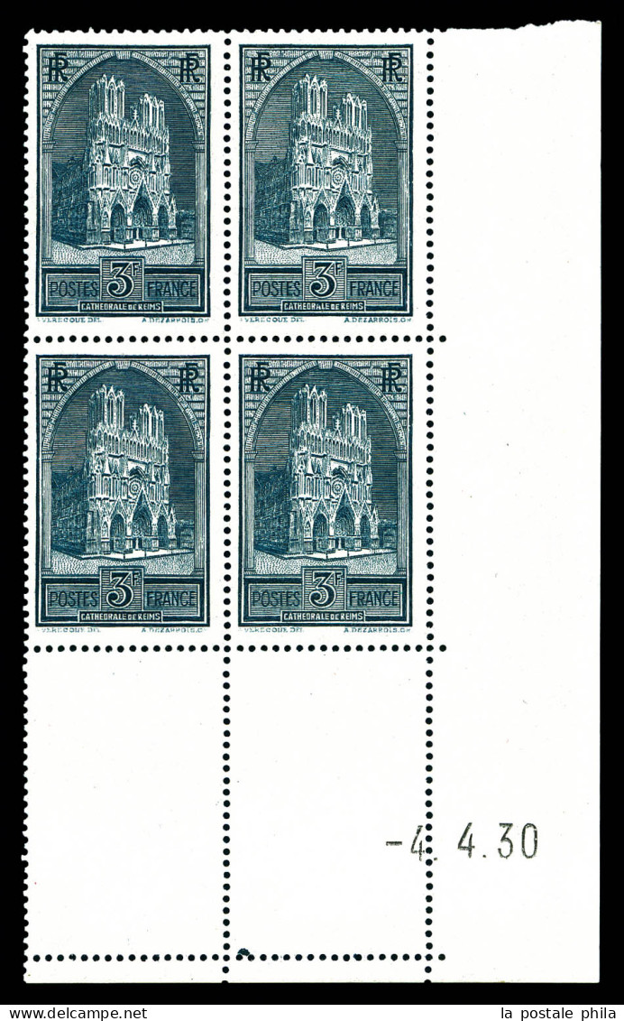 ** N°259a, Cathédrale De Reims Type II, Bd4 Coin De Feuille Daté Du 4.4.30. TTB  Qualité: **  Cote: 1750 Euros - 1930-1939