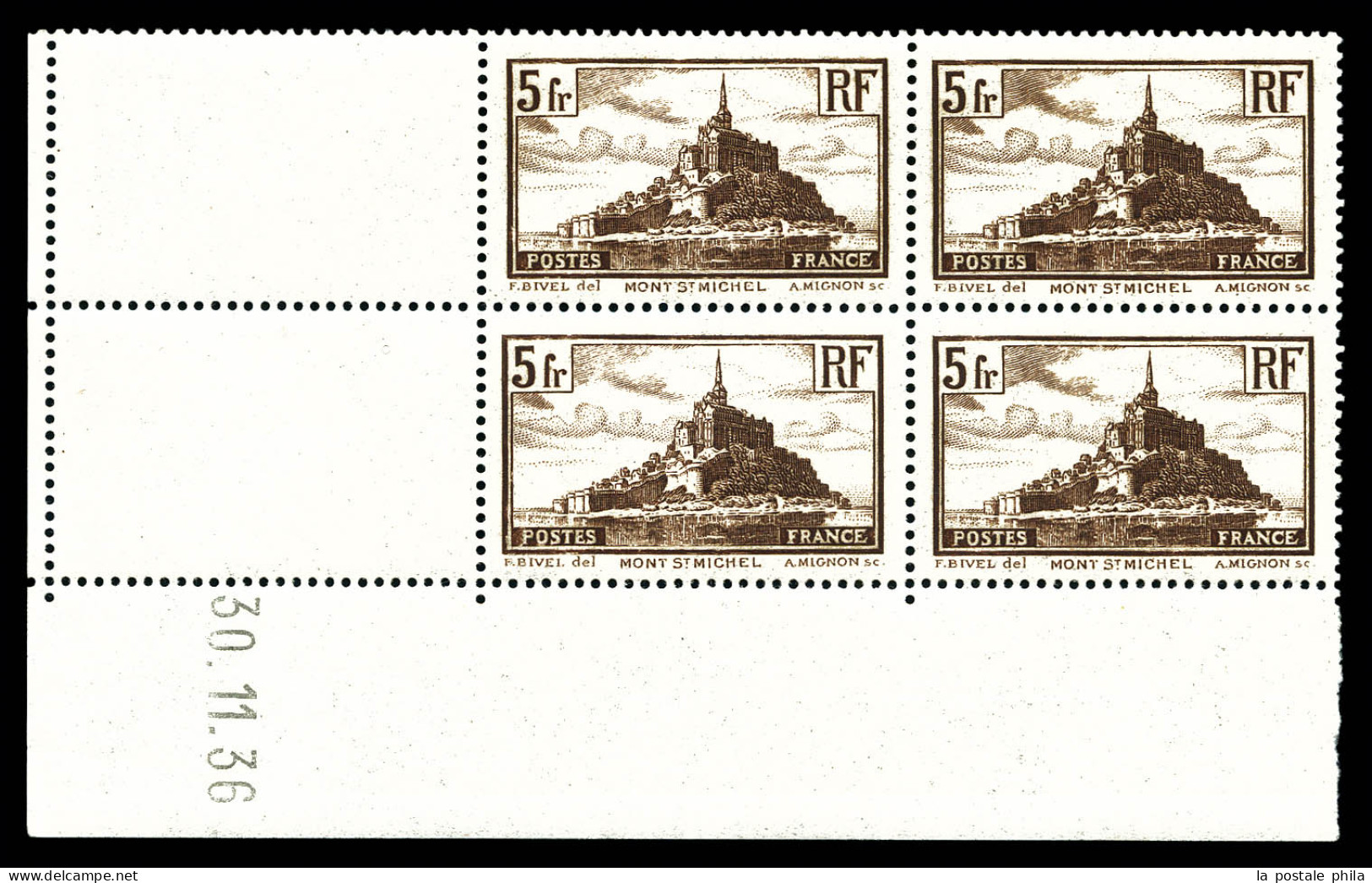 ** N°260, Mont St Michel, 5F Brun Type II En Bloc De Quatre Coin De Feuille Daté Du 30/11/36, TB  Qualité: **  Cote: 225 - 1930-1939
