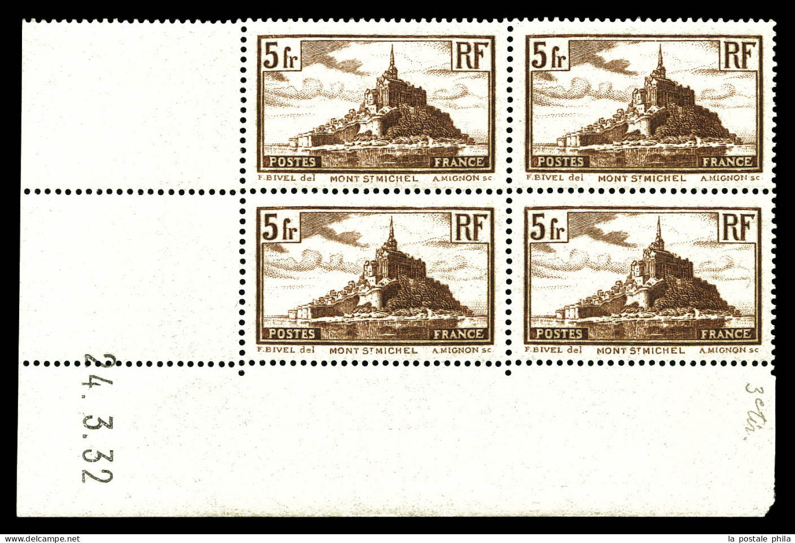 ** N°260, Mont St Michel, 5F Brun Type II En Bloc De Quatre Coin De Feuille Daté Du 24-3-32, TB  Qualité: ** - 1930-1939