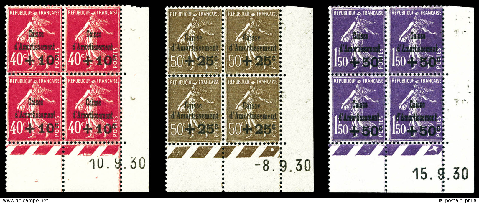 ** N°266/268, Série Caisse D'amortissement De 1930, Les 3 Valeurs En Bloc De Quatre Coins De Feuilles Datés, TB (certifi - 1930-1939