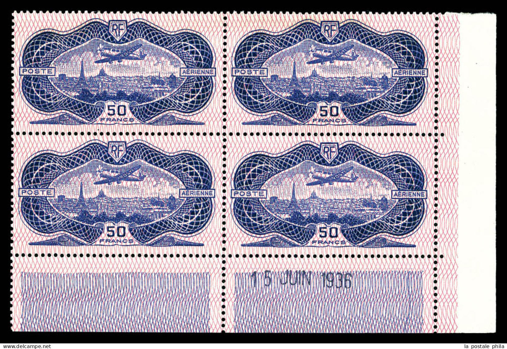 ** N°15, 50F Burelé En Bloc De Quatre Coin De Feuille Daté Du 15 Juin 1936, SUPERBE (certificat)  Qualité: **  Cote: 750 - Airmail