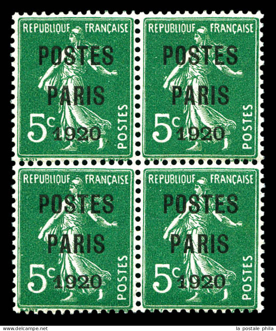 ** N°24, 5c Vert Surchargé 'POSTE PARIS 1920' En Bloc De Quatre , Bon Centrage. SUP (signé Brun/certificat)  Qualité: ** - 1893-1947