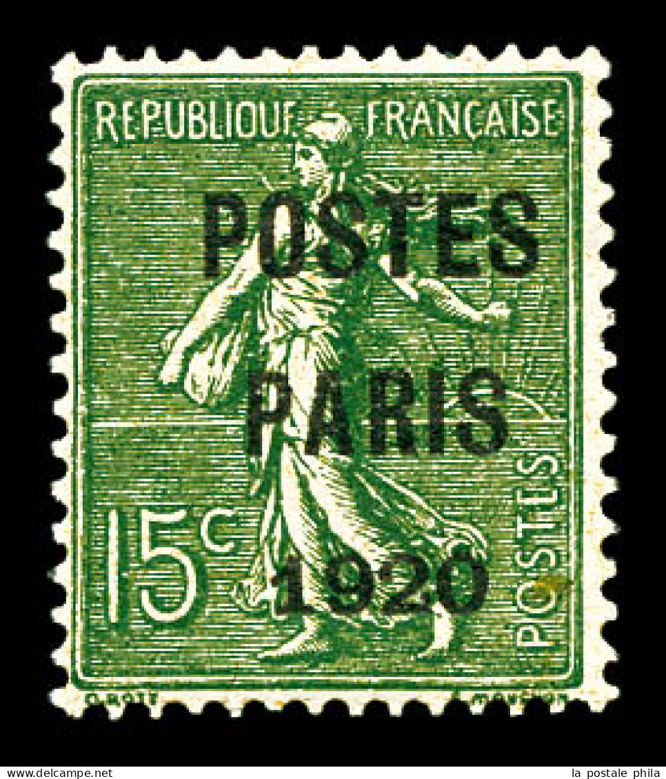 ** N°25, 15c Vert-olive Surchargé 'POSTES PARIS 1920', Fraîcheur Postale, Très Bon Centrage. SUP (certificats)  Qualité: - 1893-1947