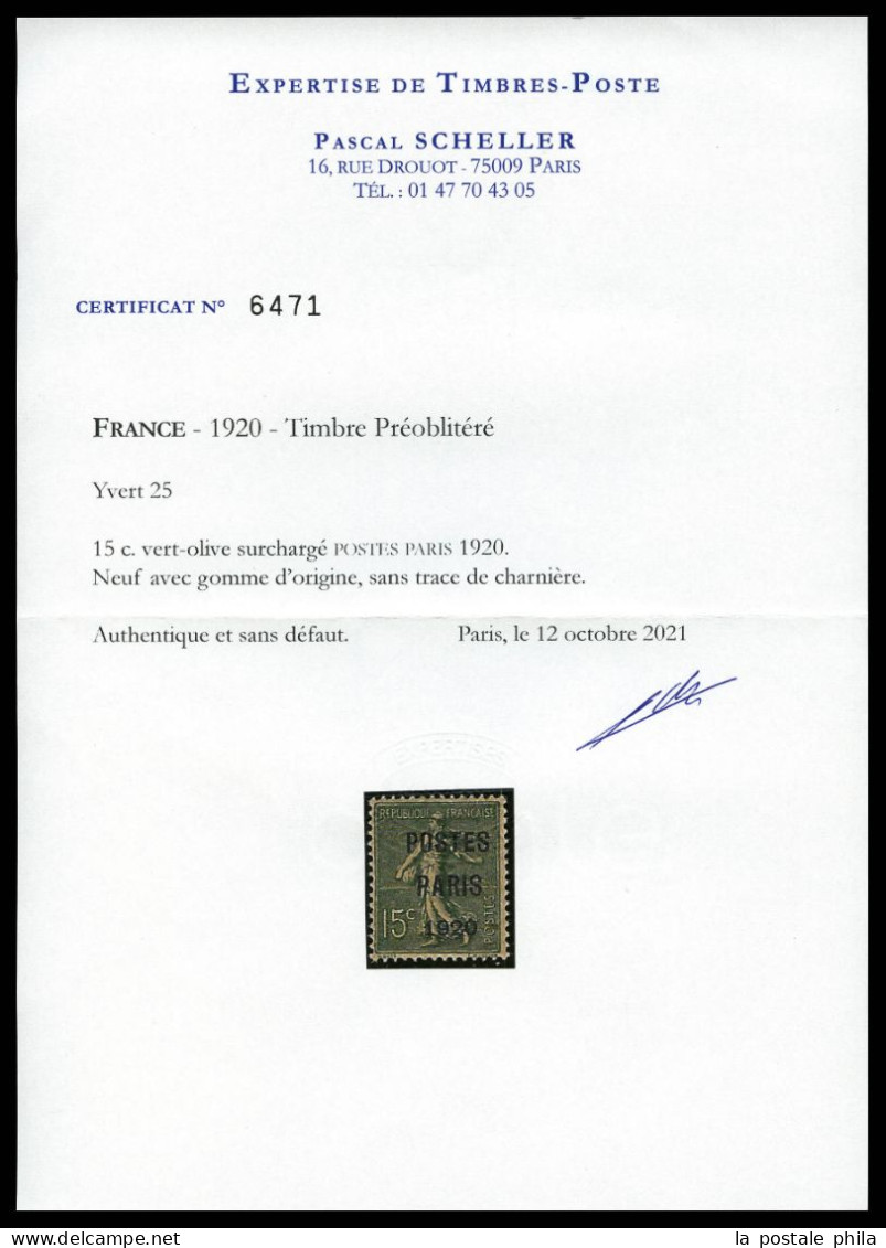 ** N°25, 15c Vert-olive Surchargé 'POSTES PARIS 1920', Fraîcheur Postale, Très Bon Centrage. SUP (certificats)  Qualité: - 1893-1947