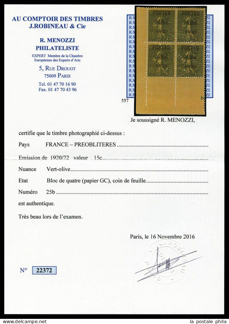 ** N°25, 15c Vert-olive Surchargé 'POSTES PARIS 1920', Fraîcheur Postale. SUP (certificat)  Qualité: **  Cote: 600 Euros - 1893-1947