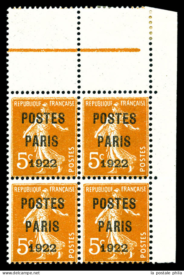 ** N°30, Semeuse 5c Orange Surchargé 'POSTE PARIS 1922', Bloc De Quatre Coin De Feuille Avec Liseret, Fraîcheur Postale. - 1893-1947