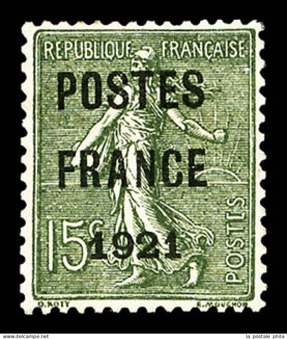 (*) N°34, 15c Vert-olive Surchargé 'POSTE FRANCE 1921', Très Bon Centrage, SUP (signé Calves/Brun/certificat)  Qualité:  - 1893-1947