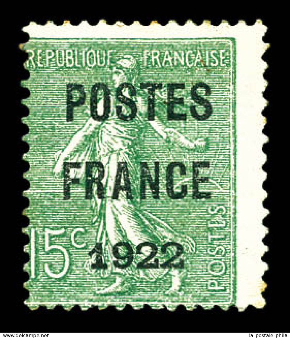 (*) N°37, 15c Olive Surchargé 'POSTE FRANCE 1922', TB (signé Scheller/certificat)  Qualité: (*)  Cote: 700 Euros - 1893-1947