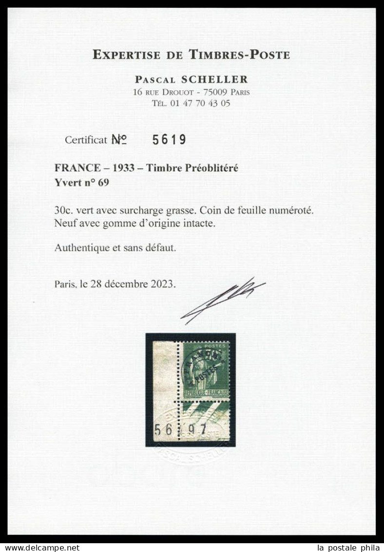 ** N°69, Non émis: Type Paix, 30c Vert Coin De Feuille Numéroté, Fraîcheur Postale. SUPERBE. R.R. (signé Thiaude/certifi - 1893-1947